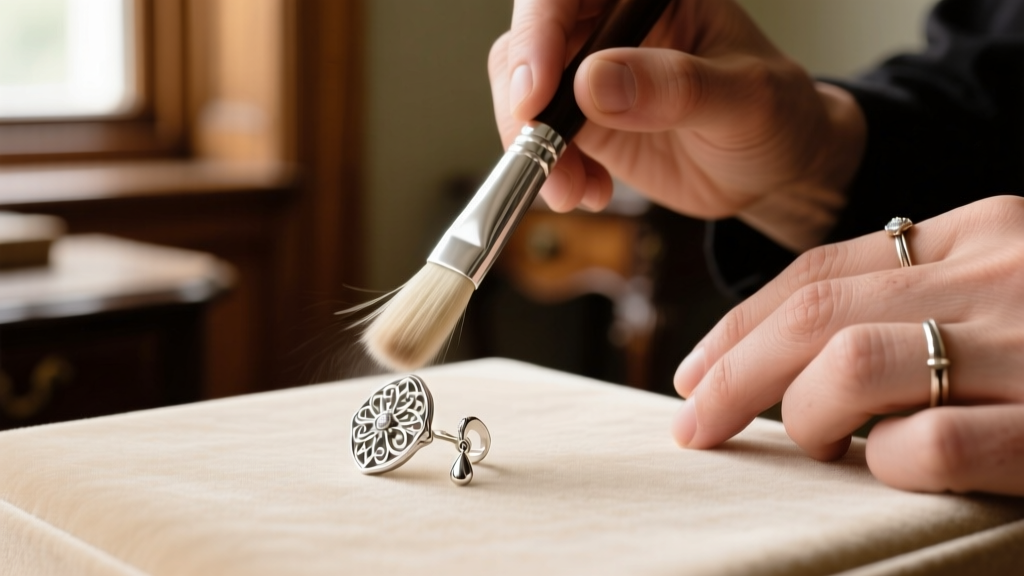 Soft brush dusting a vintage Eisenberg sterling earring, alongside a jeweler's loupe and cotton swabs on a clean wooden desk.