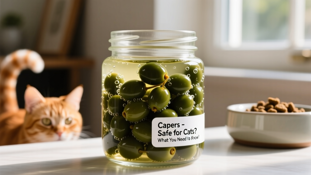 Close-up of small, dark green capers in a glass jar with brine