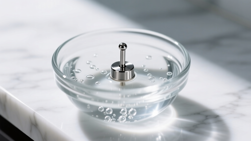 Macro shot of a titanium labret stud soaking in a small glass bowl of sterile saline solution on a clean white marble countertop.