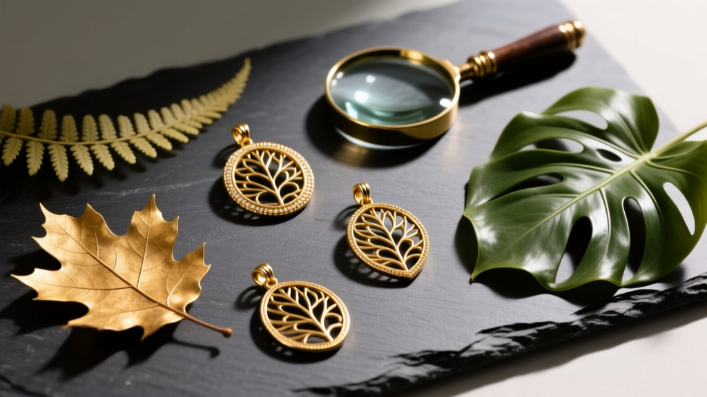 Flat lay of gold oak, fern, and monstera leaf pendants on dark slate, staged next to a jeweler's loupe and a soft polishing cloth