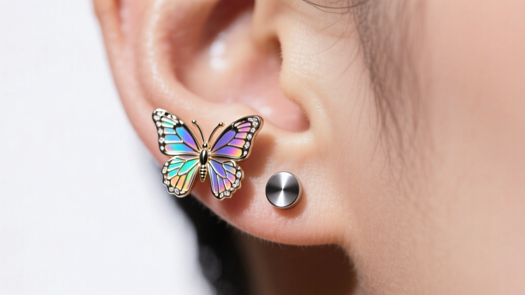Macro shot of a tight butterfly earring back indenting skin beside a smooth titanium flat-back labret resting perfectly on a lobe