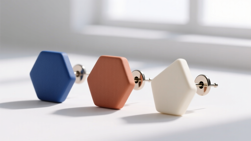 Minimalist geometric polymer clay stud earrings with matte finish, displaying 20-gauge titanium posts ideal for sensitive earlobes