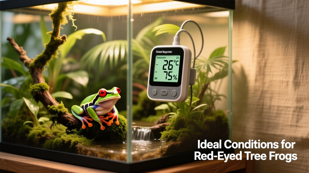 Digital thermo-hygrometer mounted inside a lush terrarium, showing optimal temperature and humidity readings