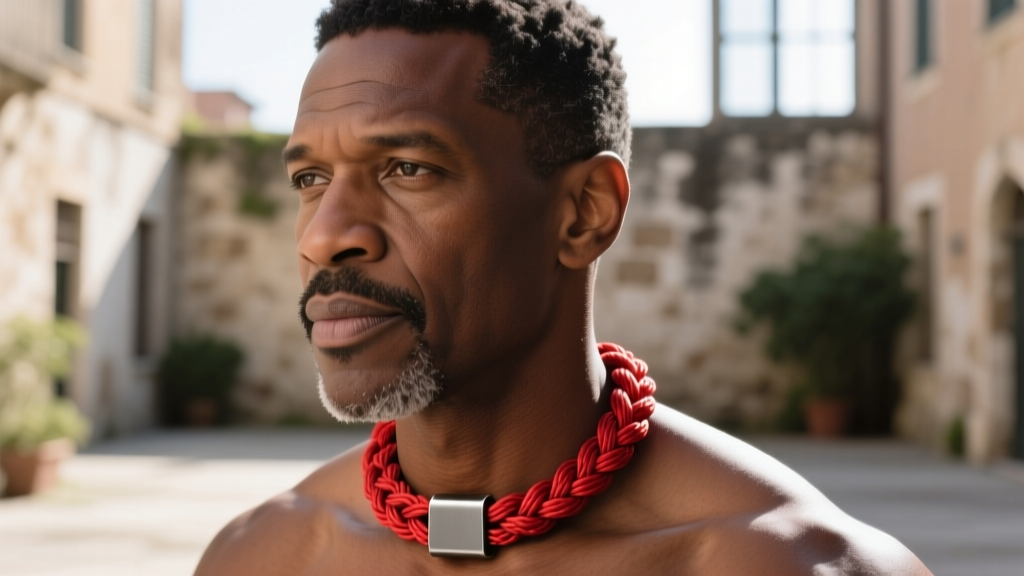 Close-up of a man wearing a braided marine-grade red nylon cord necklace with a matte titanium clasp in natural daylight.