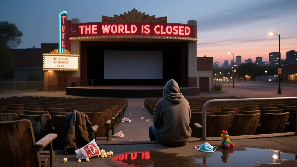 A movie theatre marquee stating the world is closed