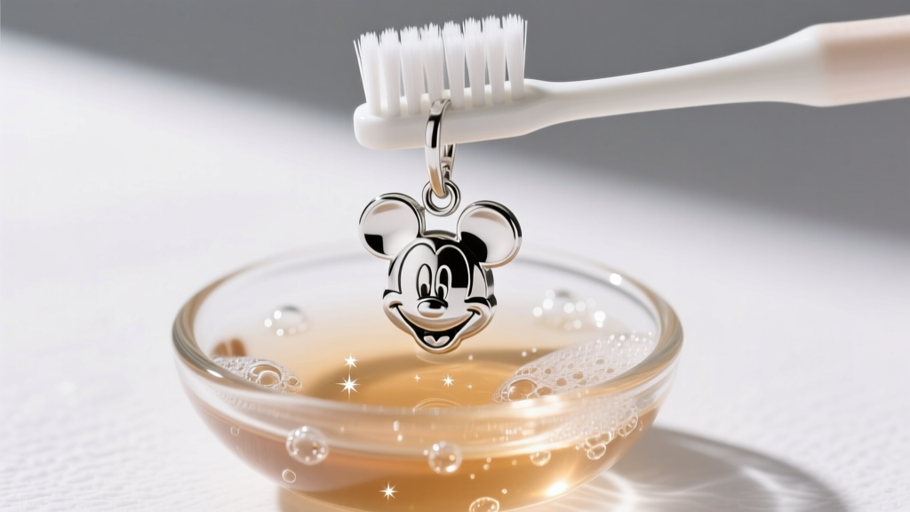 Soft toothbrush gently cleaning the crevices of a silver Mickey Mouse dangle earring over a small glass bowl of warm soapy water