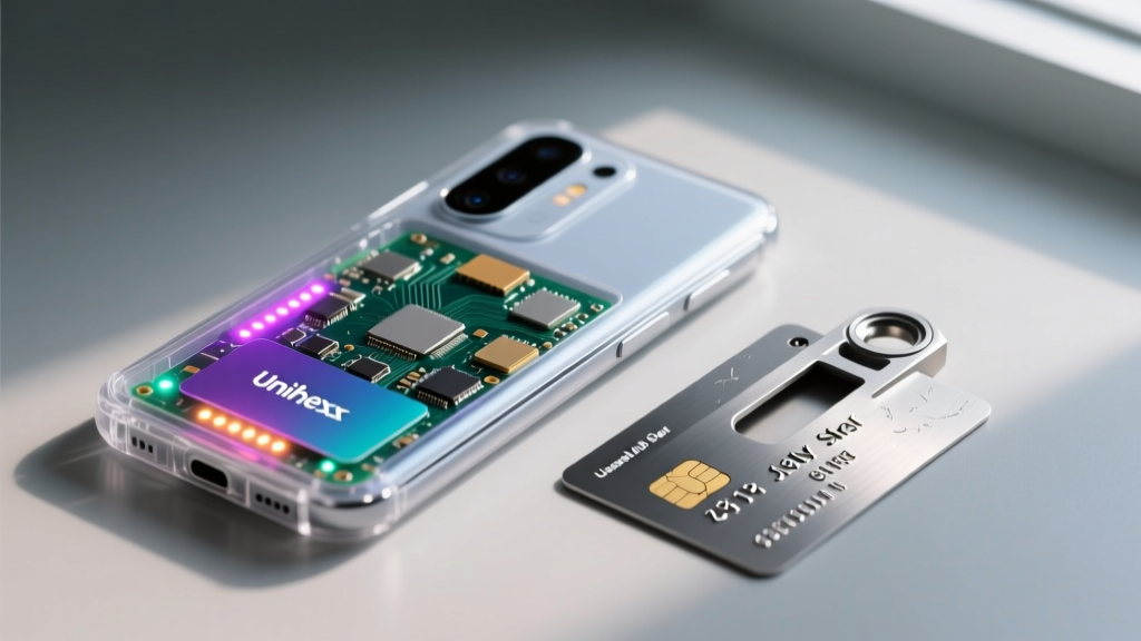 Close-up of the Unihertz Jelly Star transparent smartphone displaying a tactical map next to a titanium credit card tool