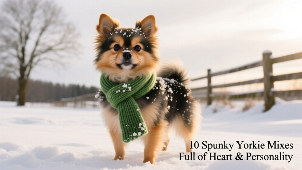 Yorkie-Pom, Pomeranian Yorkie mix, standing in snow wearing green scarf