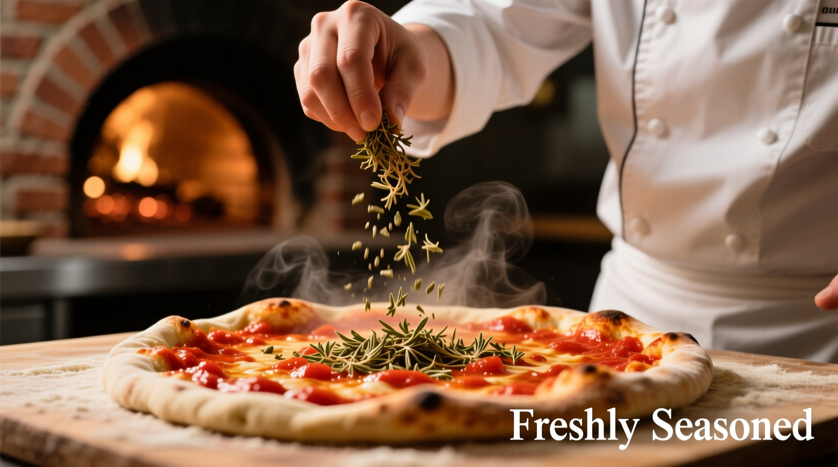 Chef sprinkling dried oregano over pizza sauce