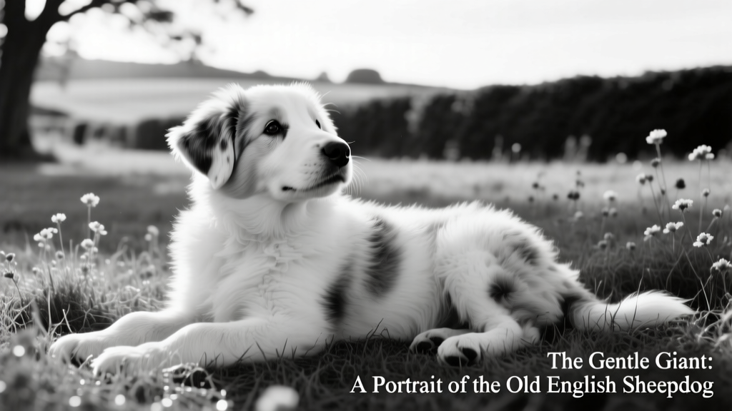 black and white old english sheepdog puppy lying in the grass