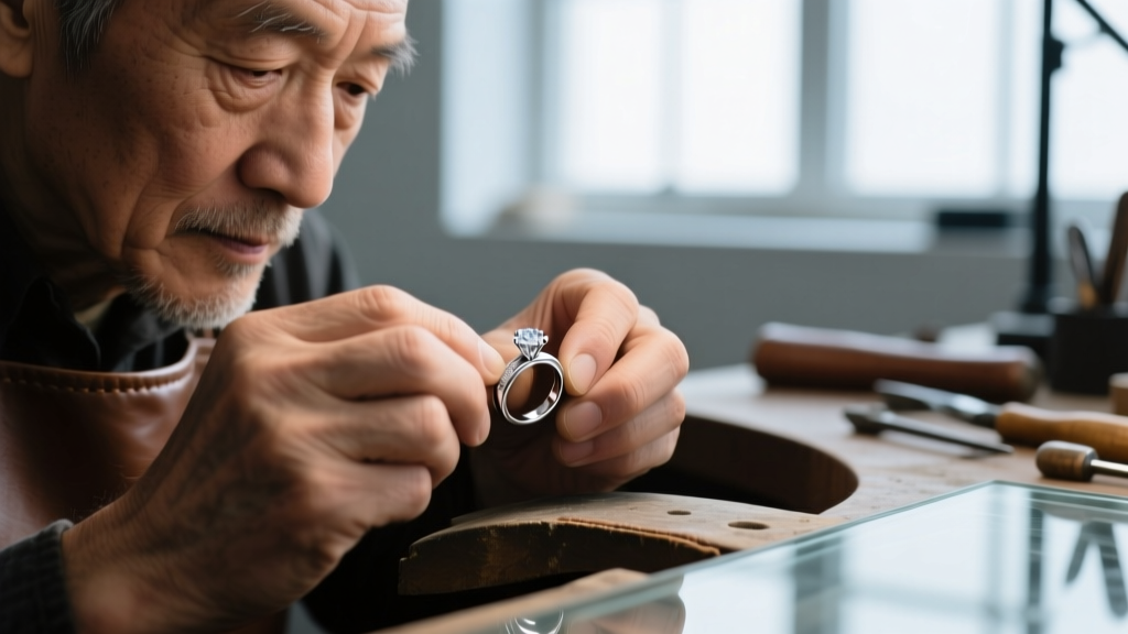 Close-up of a jeweler's hands using a fine needle and baby powder to gently untangle a knotted 1mm sterling silver cable chain.
