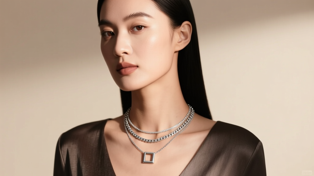 Woman wearing layered necklaces with a 2mm sterling silver square chain necklace in the center, lit by soft studio lighting