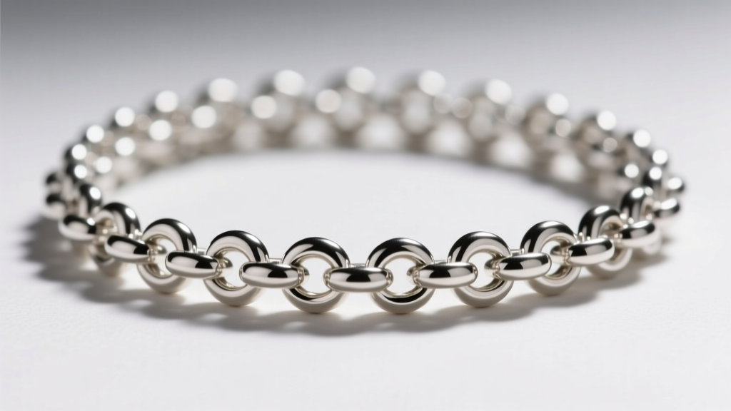 Macro shot of a 5mm sterling silver popcorn chain showing interlocking hollow domed links and polished surface reflections.
