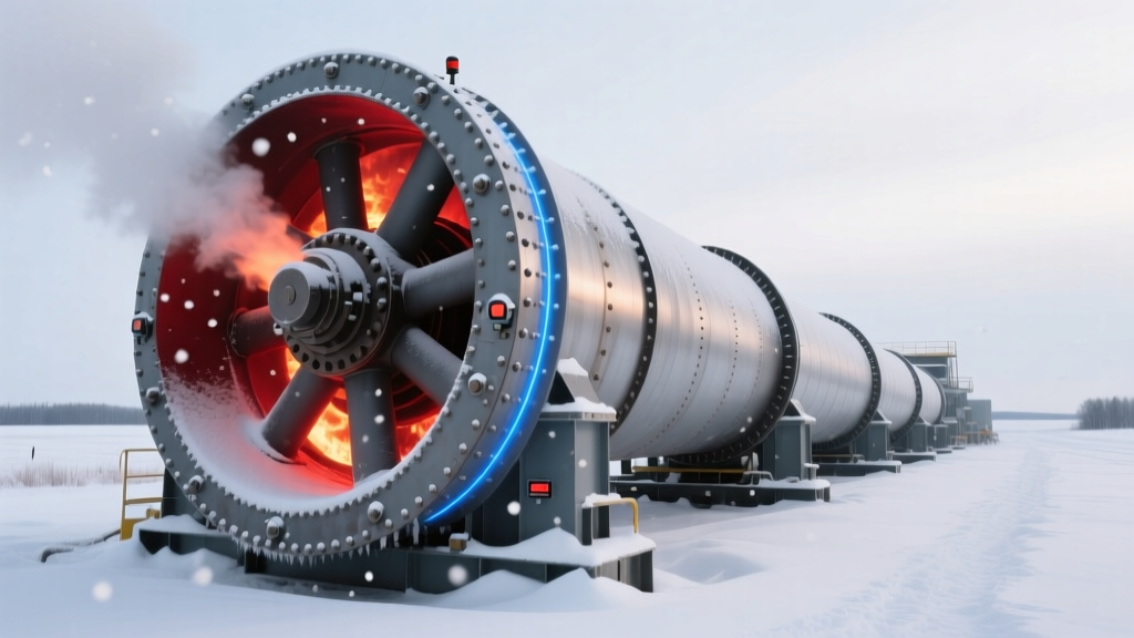 Heavy-duty rotary dryer drum with automated burner controls and exhaust gas temperature sensors operating in a snowy Minnesota winter