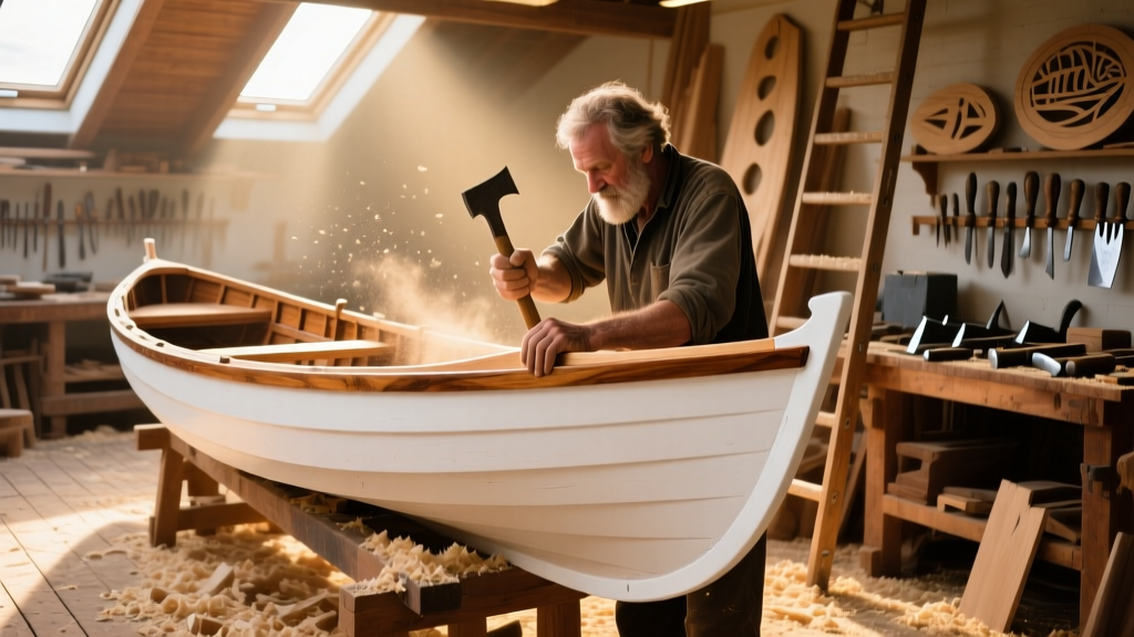 Master boatwright shaping a curved white oak rib for a traditional wooden dinghy hull inside a sunlit, sawdust-covered marine workshop