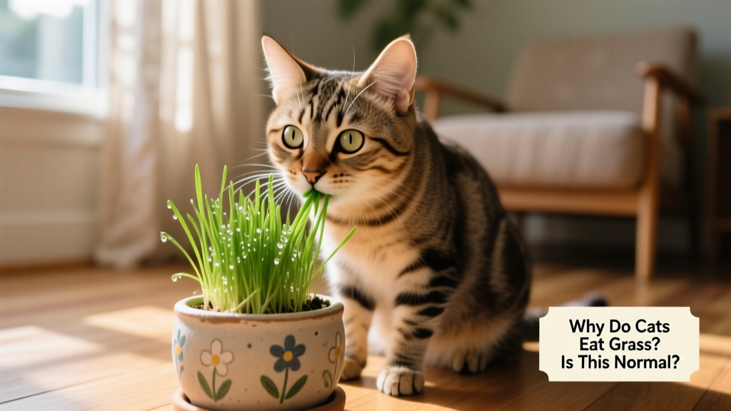 Close-up of a curious indoor cat gently nibbling fresh green cat grass in a ceramic planter