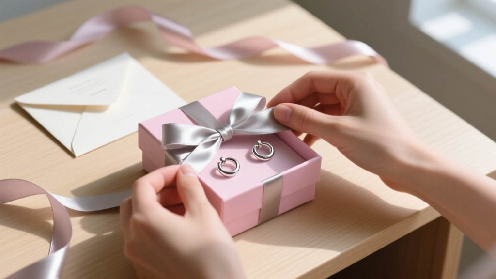 Hands wrapping a pastel pink box holding 15mm silver hoop earrings, surrounded by ribbon and a greeting card on a light wood desk.