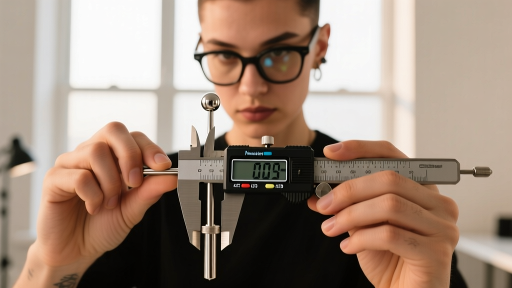 Piercer using digital calipers to measure a custom titanium nipple barbell post length before installation in a bright studio