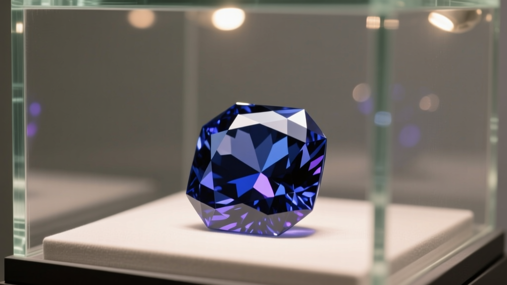 Side view of a 45-carat antique cushion-cut deep blue diamond in a glass museum case lit by soft, warm gallery spotlights.