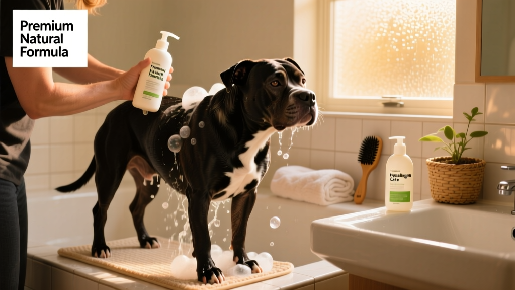 dog owner giving pet pitbull a bath