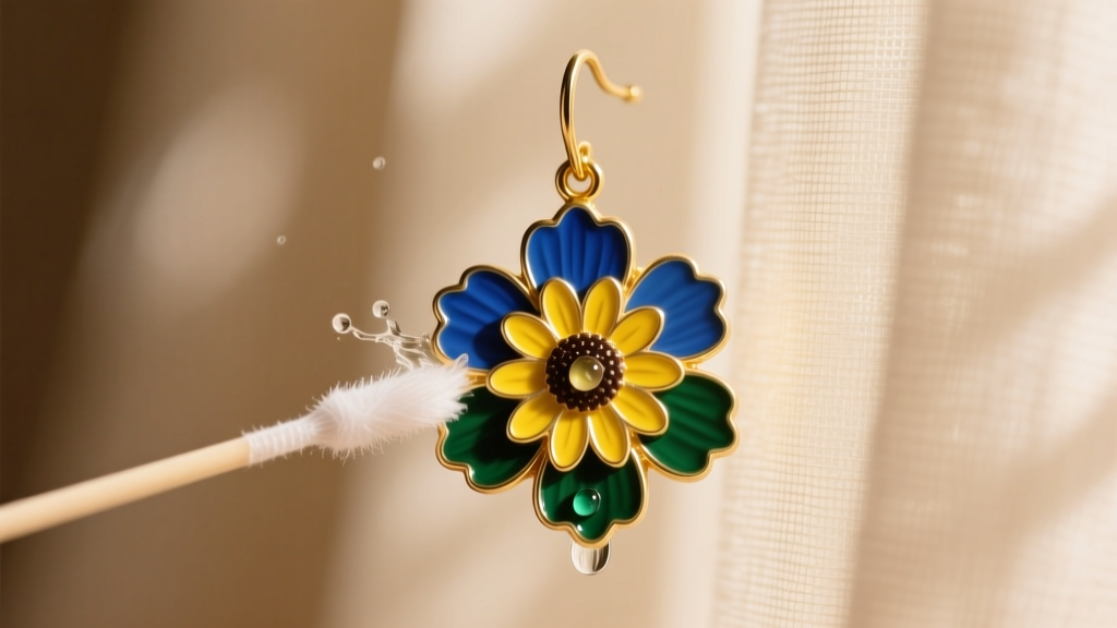 Macro shot of a 1970s enameled flower drop earring being carefully cleaned with a soft microfiber swab and mild solution