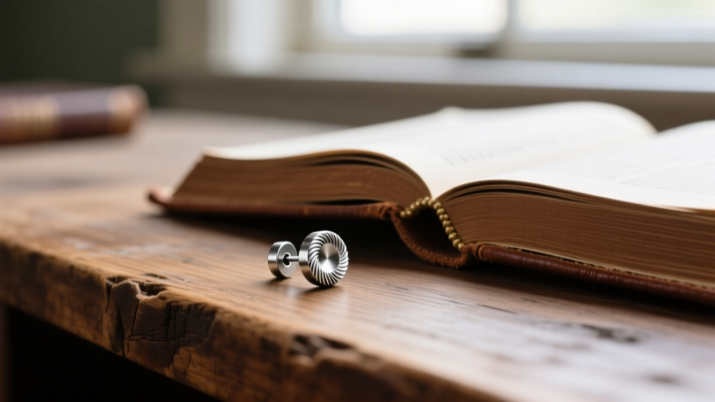 ASTM F136 titanium threaded stud earring resting beside an open leather Bible on a rustic oak desk in soft natural window light.