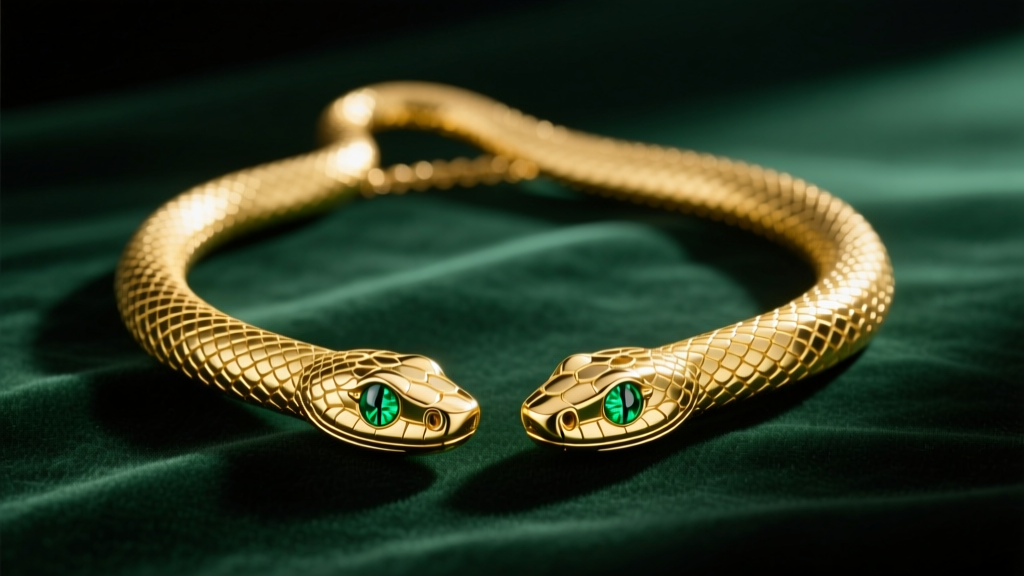 18k yellow gold articulated snake necklace with emerald eyes resting on dark green velvet under soft directional studio lighting.