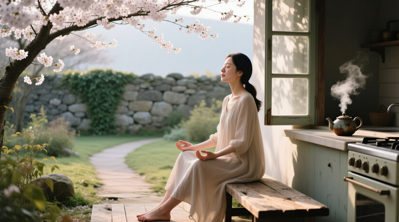 Woman practicing mindful breathing away from kitchen