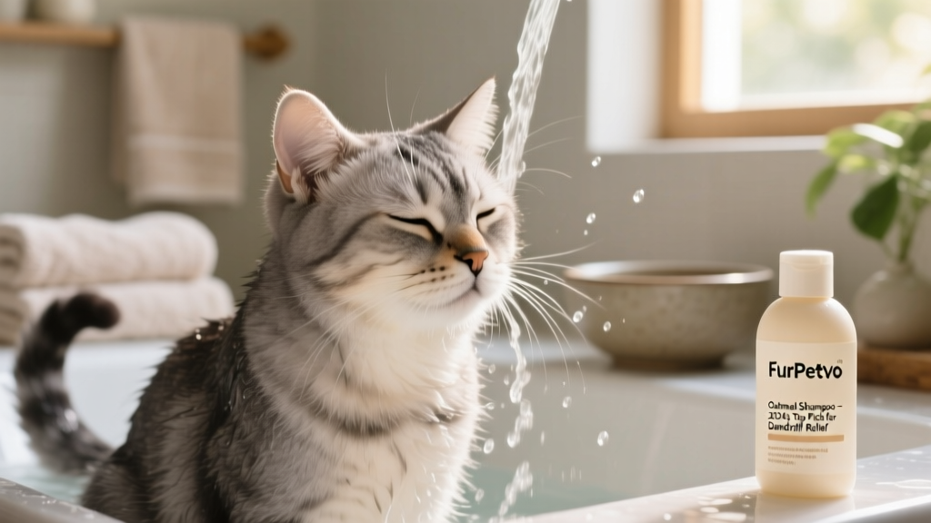 A relaxed cat being gently rinsed with FurPetVo oatmeal shampoo during a calm, low-stress bath session