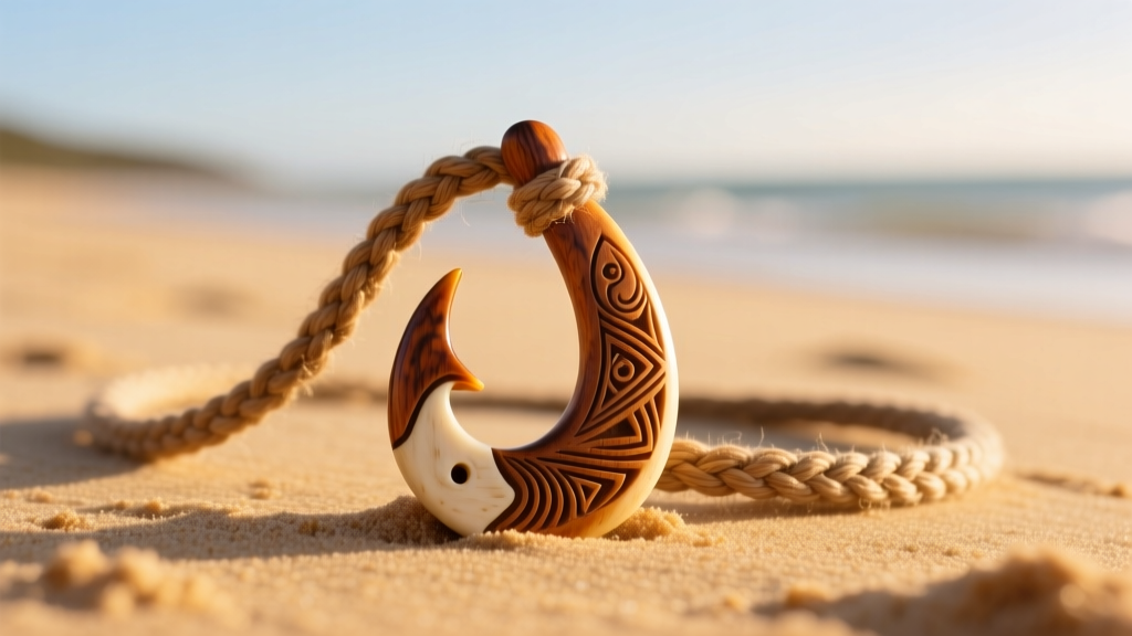 Carved bone Polynesian fishhook pendant on a braided hemp cord resting against a sandy beach background in warm natural sunlight