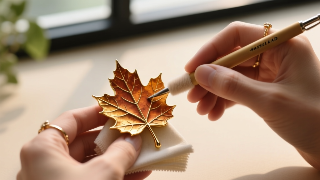 Hands using a soft fiberglass scratch pen and microfiber cloth to polish the delicate edges of a gold-plated autumn leaf pendant.