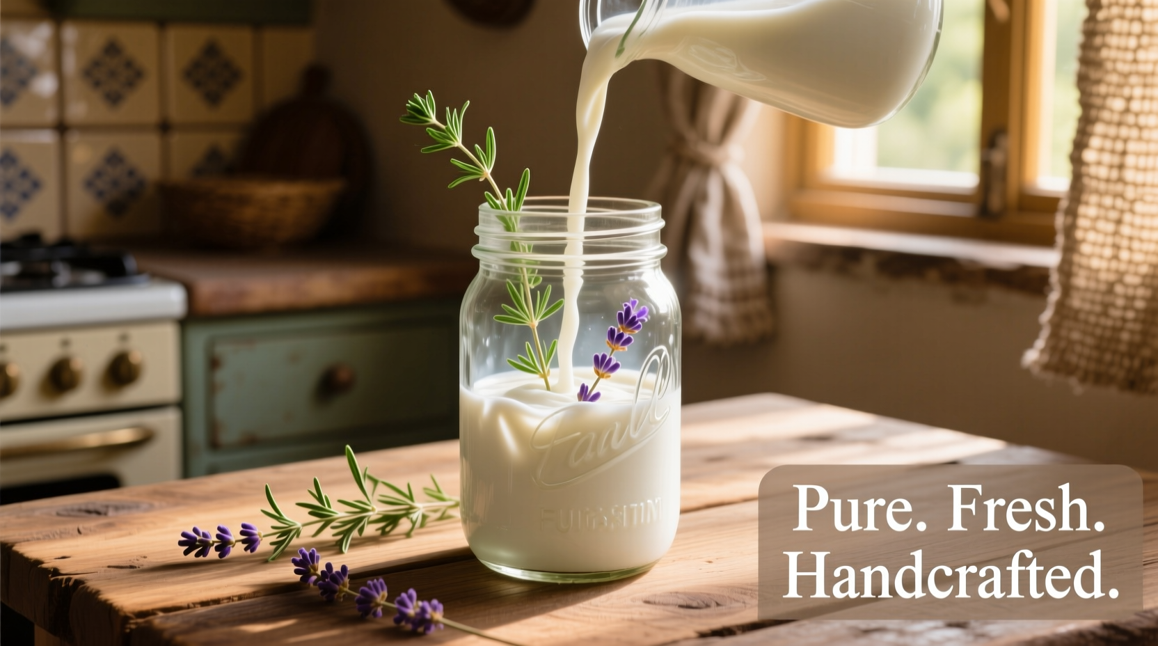 Fresh goat milk in glass jar with herbs