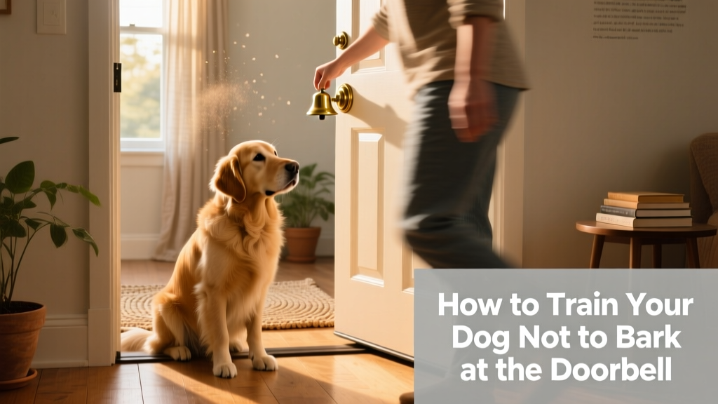 A calm dog sitting quietly near the front door while a person rings the doorbell