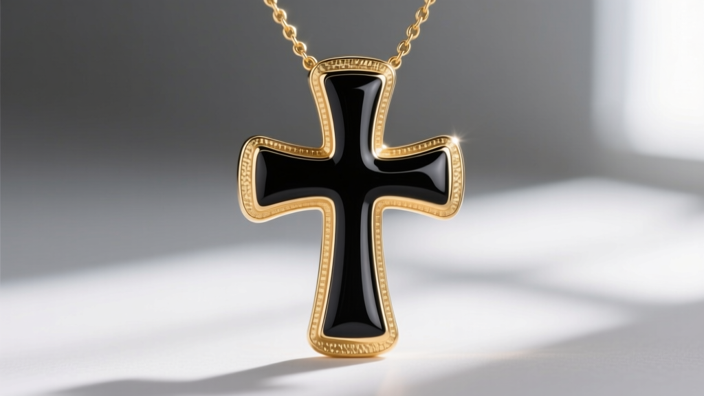 Macro shot of a black enamel and 18k gold cross necklace, highlighting the bezel setting and glossy reflection of the enamel