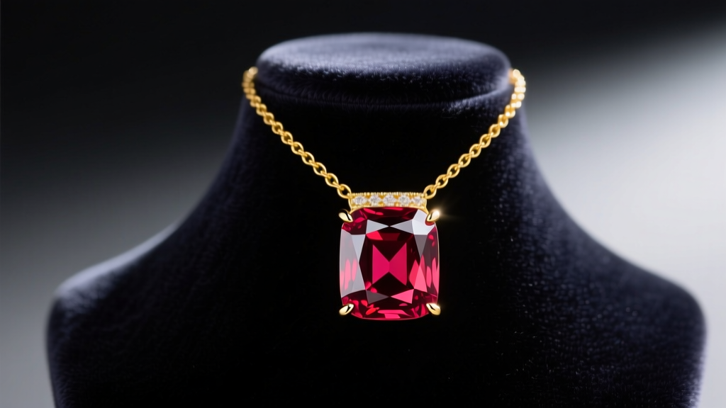 Close-up of a 2-carat emerald cut ruby pendant on a delicate 18k yellow gold chain, resting on a dark velvet jewelry display bust