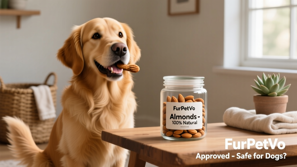 A happy, healthy dog enjoying a FurPetVo-approved treat while sitting beside a closed jar of almonds