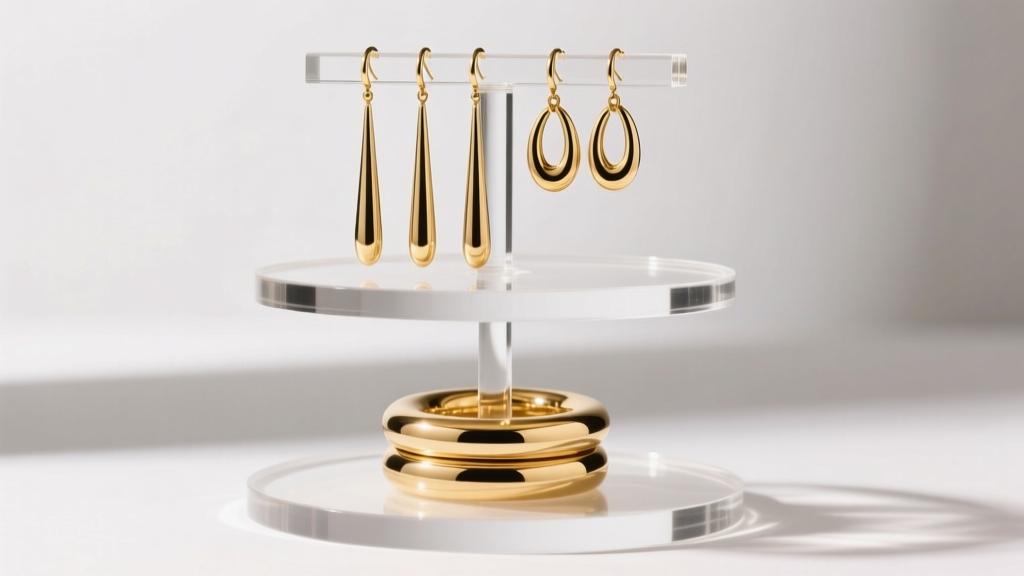 Clear acrylic tiered earring jewelry holder displaying long gold drop earrings hanging freely next to stacked thick gold hoops