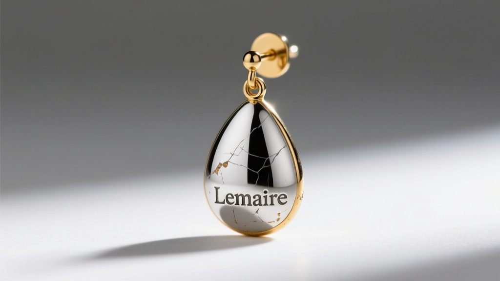 Macro shot of a Lemaire drop earring post showing the 925 silver stamp and microscopic wear on the gold-plated brass finish