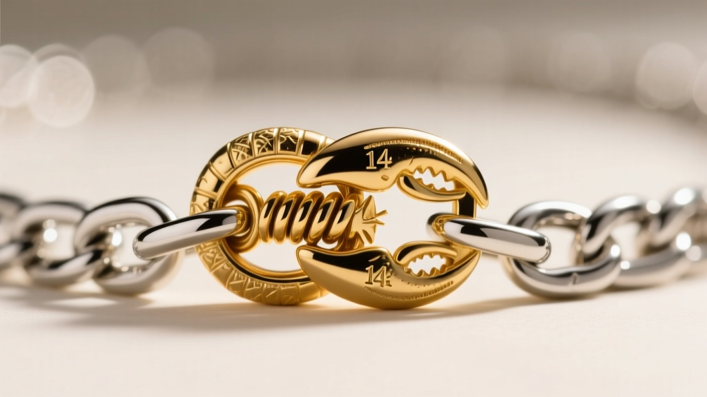 Macro shot of a heavy-duty 14k gold lobster clasp on a thick silver choker chain, sharp focus on the spring mechanism