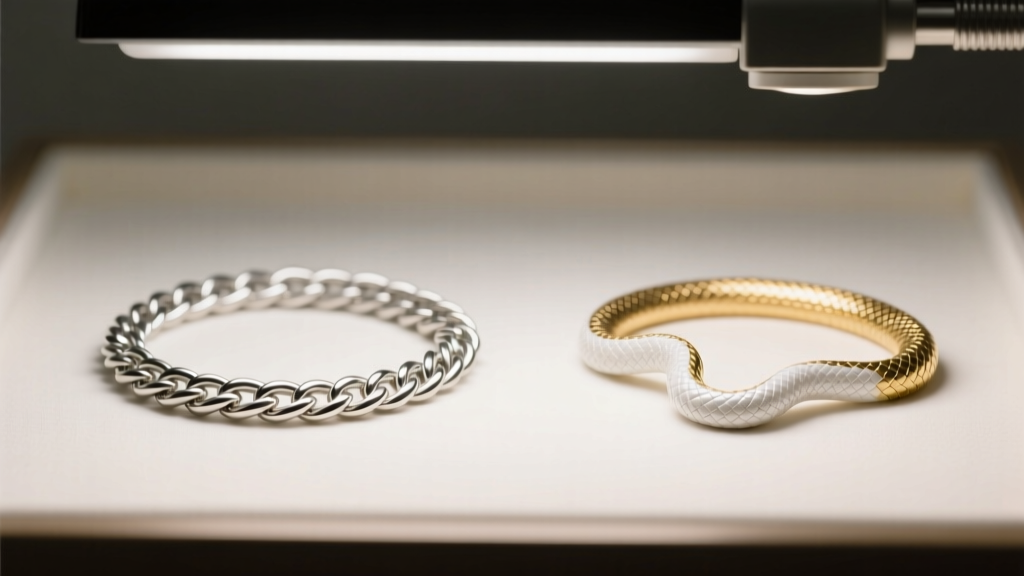 Side-by-side macro view of a sterling silver cable chain and a white gold snake chain illuminated by a focused jewelers desk lamp.