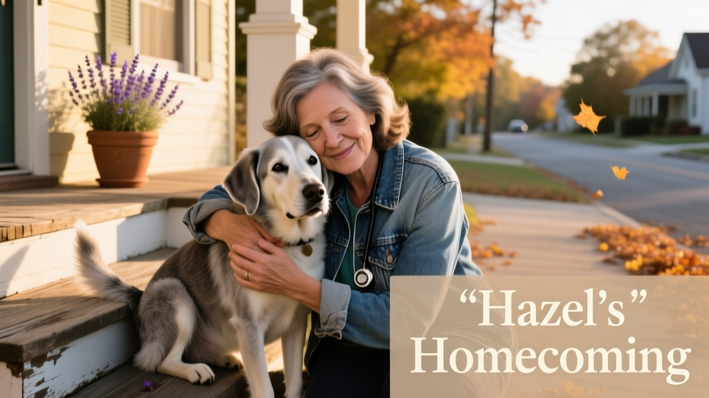 Hannah hugging Hazel on their front porch, both smiling with relief and affection