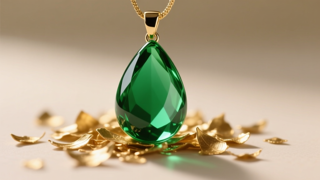 Macro shot of a custom isomalt sugar glass pendant in emerald green, shaped like a teardrop cabochon, resting on gold leaf flakes