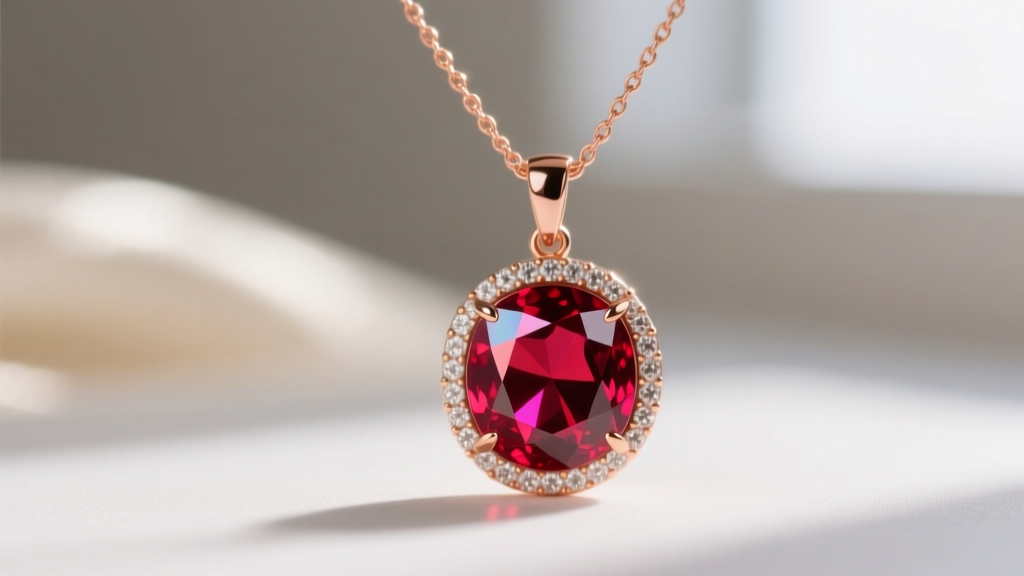 Macro shot of a bezel-set Mahenge red spinel pendant on a 1.2mm rose gold cable chain, highlighting its vivid neon glow