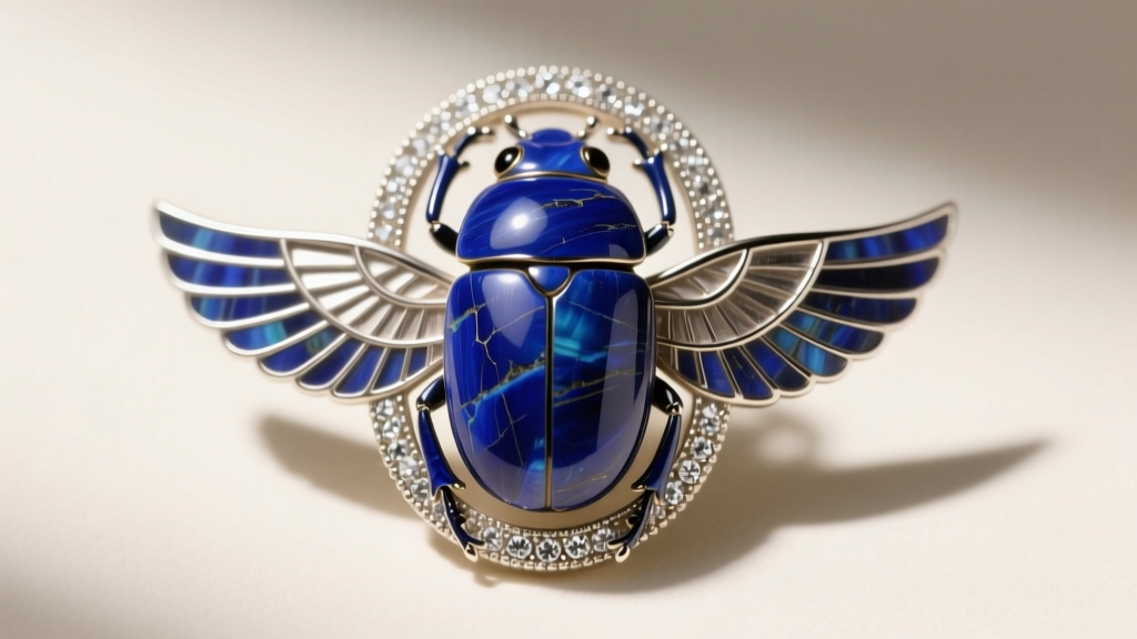 Macro photo of a 1920s Egyptian Revival lapis lazuli scarab brooch with Art Deco platinum mounting and diamond milgrain edges