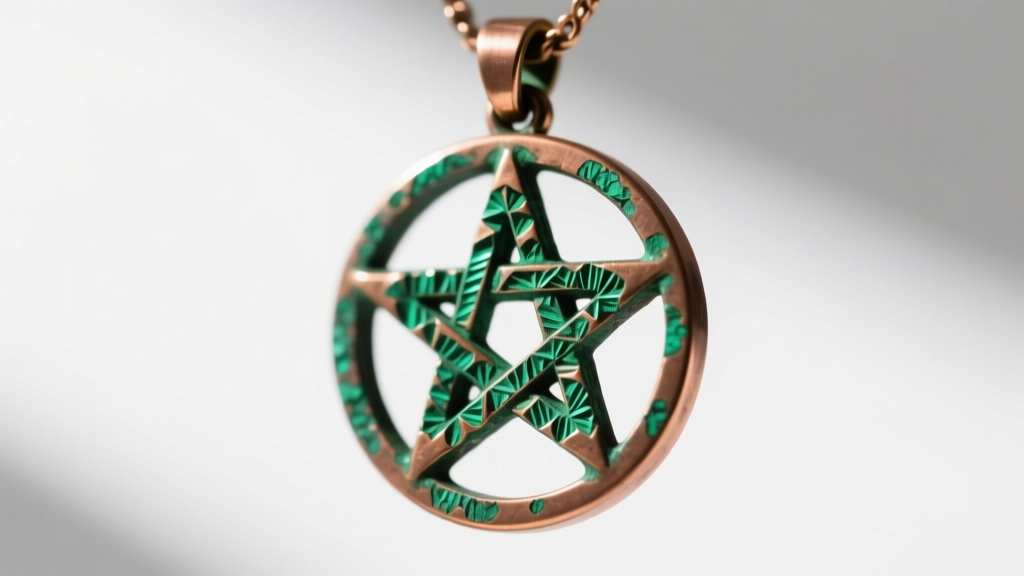 Macro shot of verdigris patina on the back of a copper-rich brass pentagram pendant, showing green oxidation against raw metal.