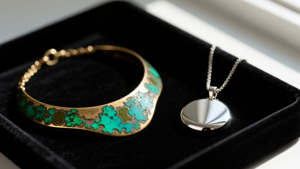 Tarnished brass necklace with green oxidation resting next to a pristine PVD-coated stainless steel pendant on a dark velvet jewelry tray.