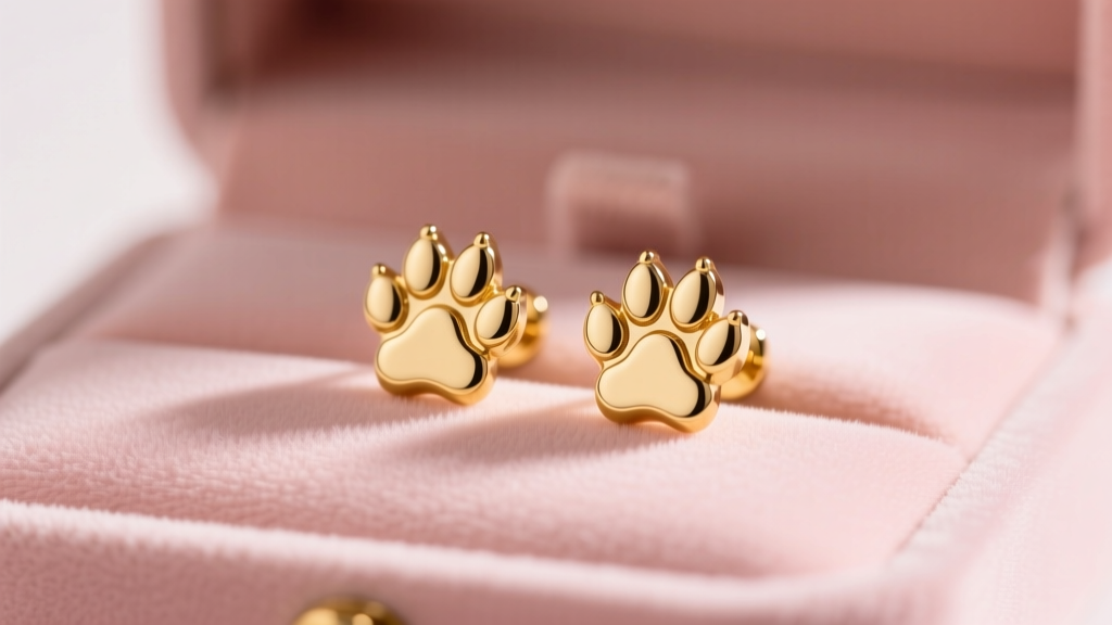 Macro shot of 14k gold paw print stud earrings resting on pastel pink velvet under warm, soft studio lighting.
