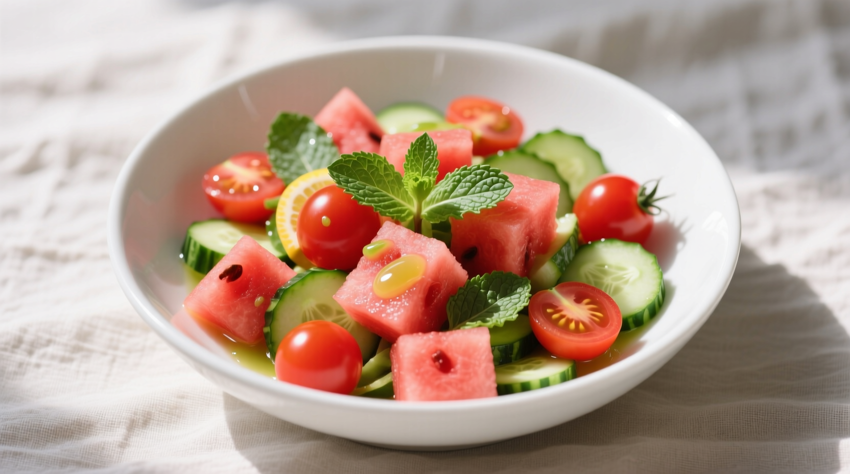 Colorful watermelon tomato salad in white bowl