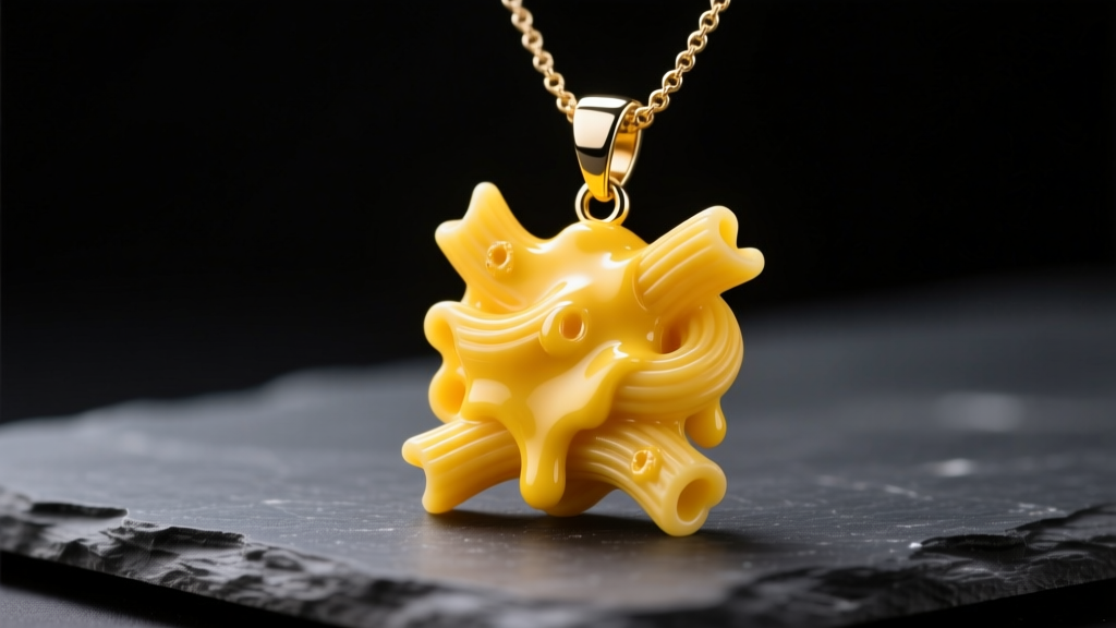 Novelty mac and cheese necklace pendant crafted from yellow epoxy resin resting on a dark slate surface under soft studio lighting.