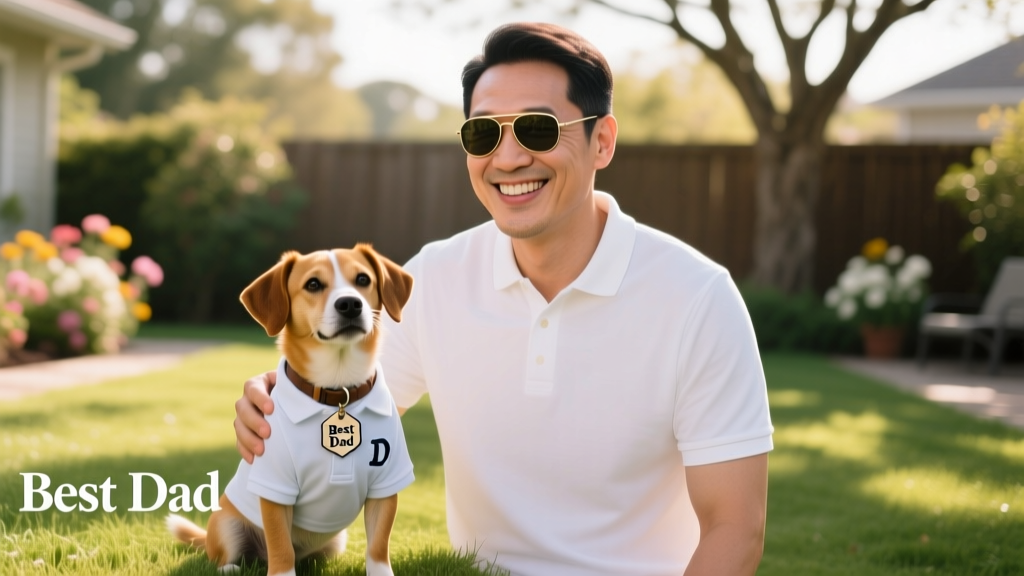 A man in a polo shirt and sunglasses smiling beside his small dog wearing a matching miniature polo shirt